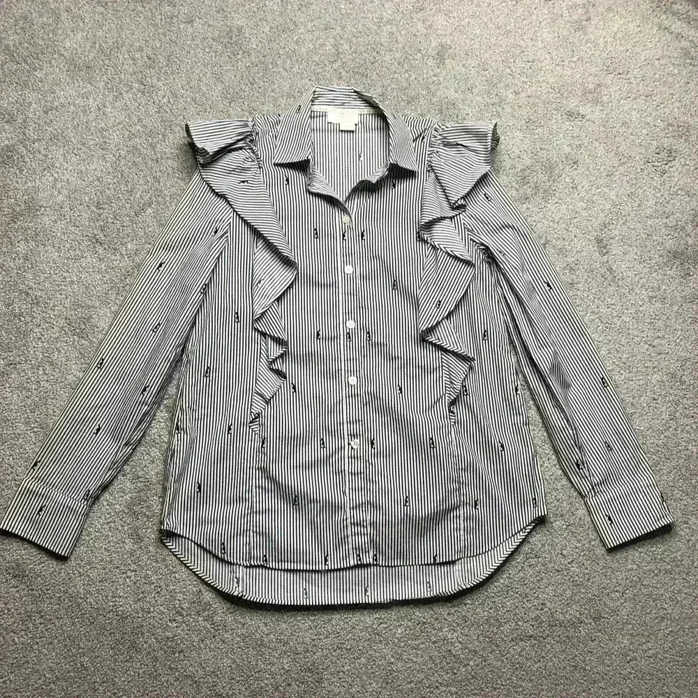 Striped Ruffle Button-Up Shirt - Blue/White